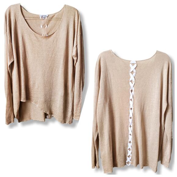 Lisa Todd Tan Linen Knit Pullover Top 1X Sheer Neutral Coastal Beach Natural NEW - Picture 1 of 10